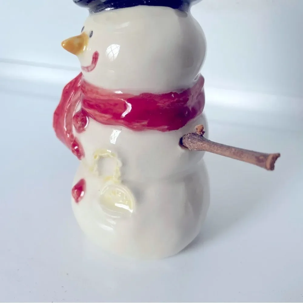 Glazed Ceramic Snowman Christmas Ornament 5” Real Stick Arms Top hat Cute Winter